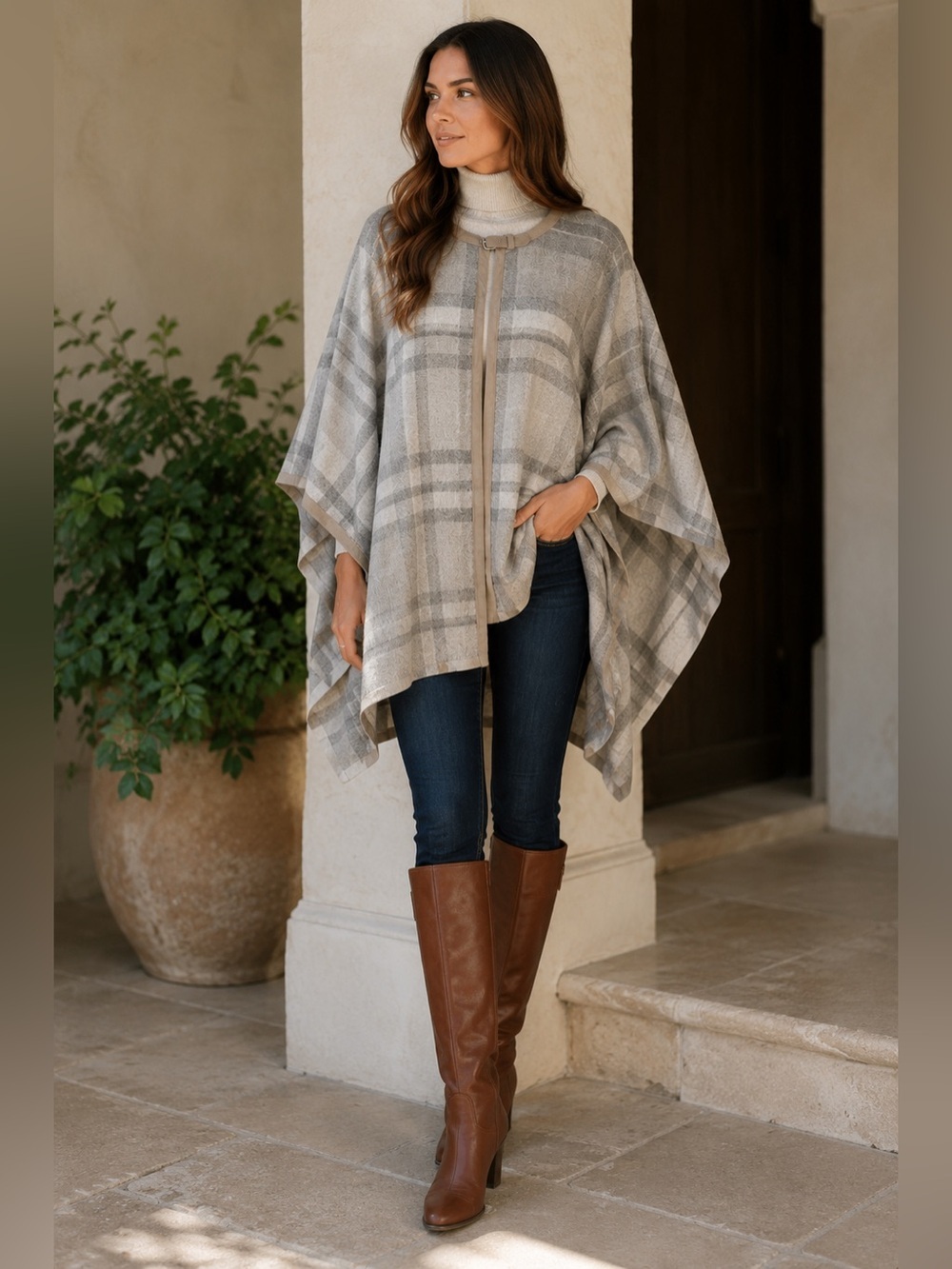 Lauren Ralph Lauren Wool Cashmere Plaid Cape Poncho Suede Trim Gray S/M